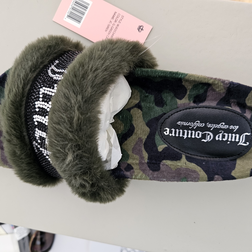 Juicy Couture Green and Black Camouflage Slippers with Plush Fur Trim
